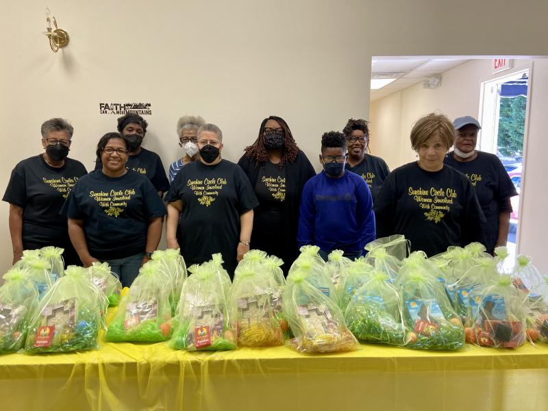 Sunshine Circle Club members in back are (l-r) Gloria Harmon, Gilda Howard, Louise Maull, Roshi Bull-Turner, Hattie Bull and Waynne Paskins. In front are Tamela Brittingham, Paula Roberts, Quinn Turner and Alicia Jones. The group met April 15 to pack nearly 100 Easter bags for elderly and sick community members. ELLEN DRISCOLL PHOTOS
